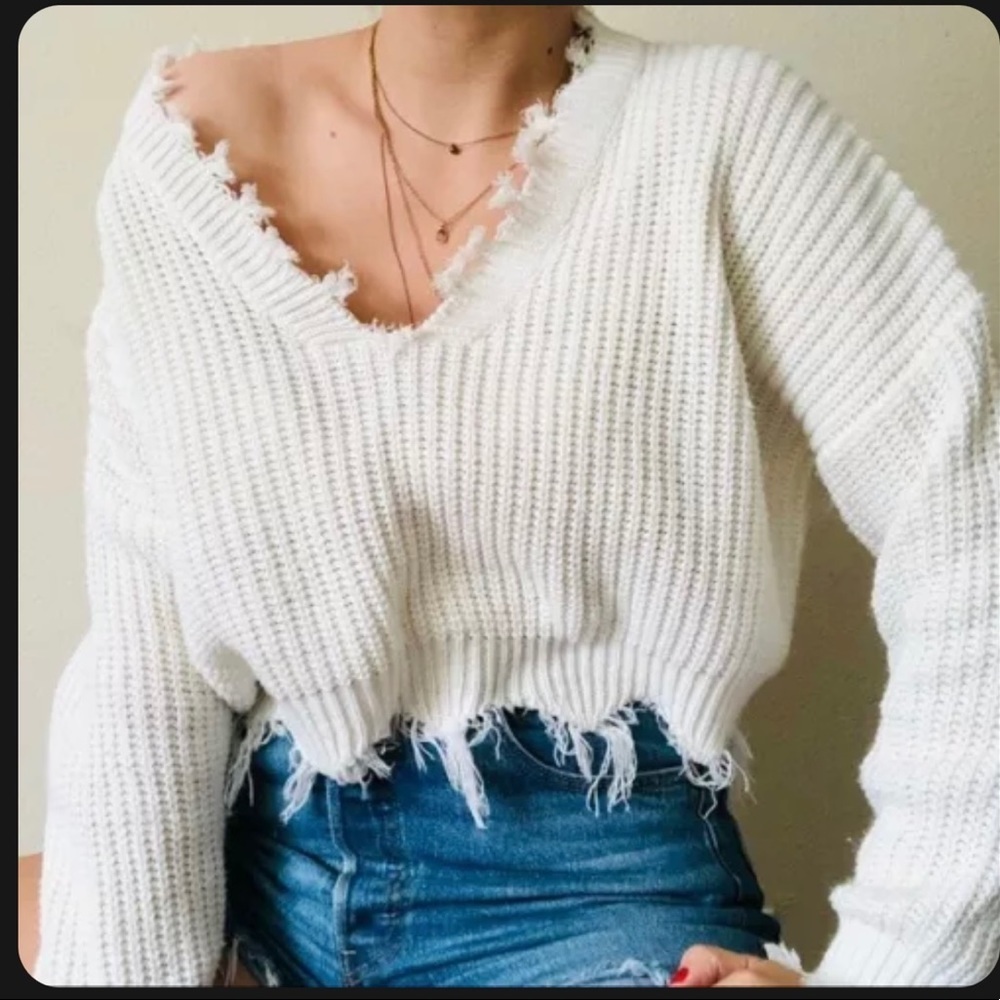 Womens Off White Distressed V Neck Frayed Hem Crop Sweater One Size S/M …